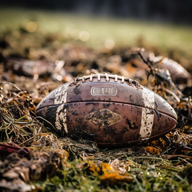 Photo un football américain couvert de boue et de taches d'herbe allongé sur le terrain après le match représentant le