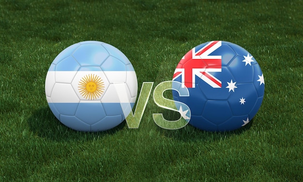 Football football avec l'Argentine contre l'Australie drapeaux de match 3D sur le terrain de football vert