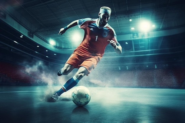 Football Futsal Ballon et homme Joueur d'équipe Football en salle Salle de sport Qualité publicitaire Ai générative