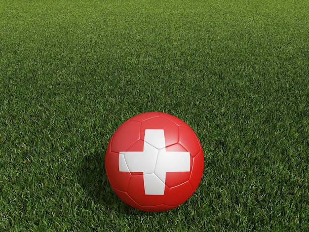 Football en Suisse drapeau sur l'herbe verte rendu 3d