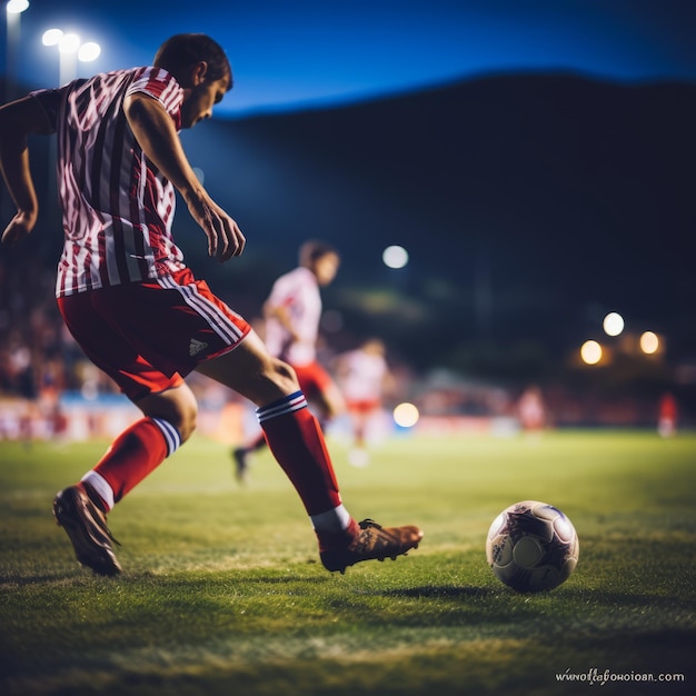 Un footballeur dans un maillot à rayures rouges et blanches frappe le ballon au-delà des défenseurs pendant un match