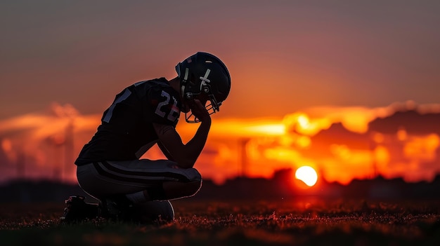 Un footballeur à genoux sur le terrain au coucher du soleil