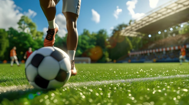 Un footballeur d'intelligence artificielle génératif en bottes qui frappe un but de ballon de football sur le stade.