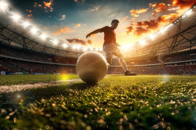 Un footballeur prêt à frapper un ballon de football sous l'éclairage spectaculaire du coucher de soleil dans un stade