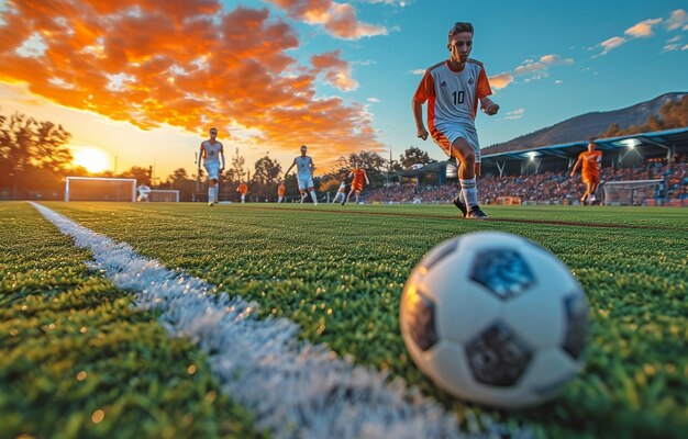 Des footballeurs sur le terrain à la poursuite du ballon.