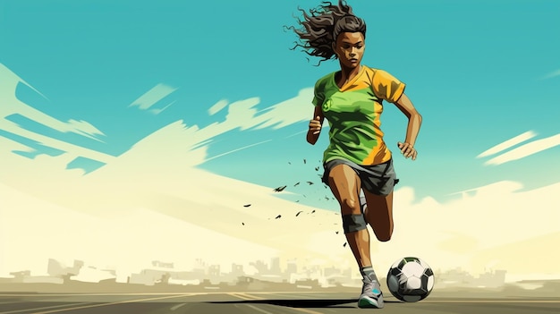 Une footballeuse brésilienne qui court avec un ballon de football.