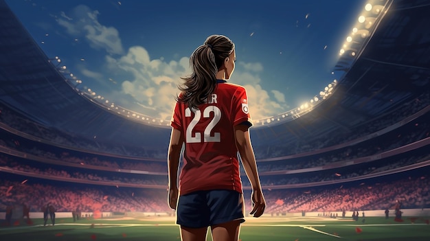 Une footballeuse portant un maillot rouge avec le numéro 22 sur le dos au stade.
