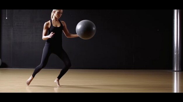 Photo une footballeuse qui donne un coup de pied au ballon.