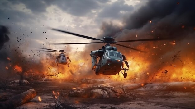 Forces militaires et hélicoptères entre tirs et bombes sur le champ de bataille