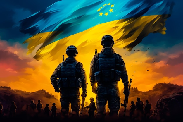 Forces militaires de l'Ukraine sur fond du drapeau de l'UkrainePhoto d'art de l'arméeAI Gener