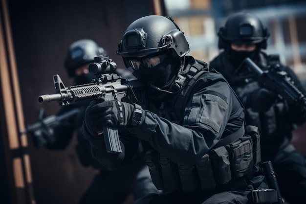 Les forces spéciales de la police de Swat avec un fusil sur les lieux.