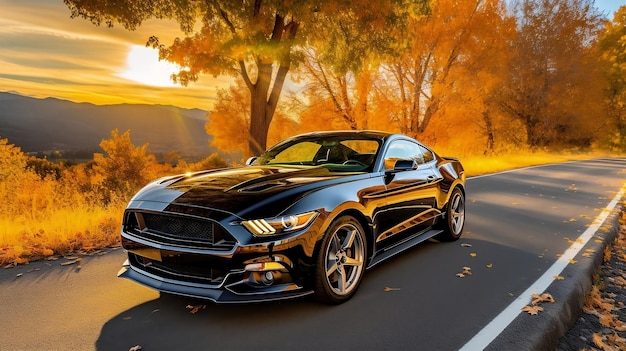 Une Ford Mustang noire roule sur une route.