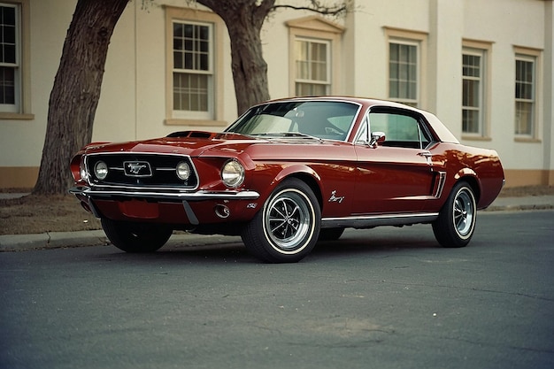 Photo une ford mustang rouge est garée dans la rue.