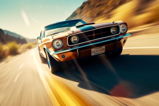 Une Ford Mustang roule sur une route.