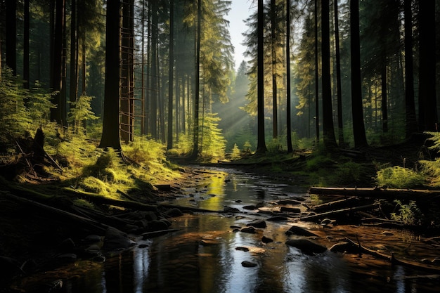 La forêt allemande de printemps avec le soleil chaud du coucher du soleil filtrant à travers les arbres photo sho