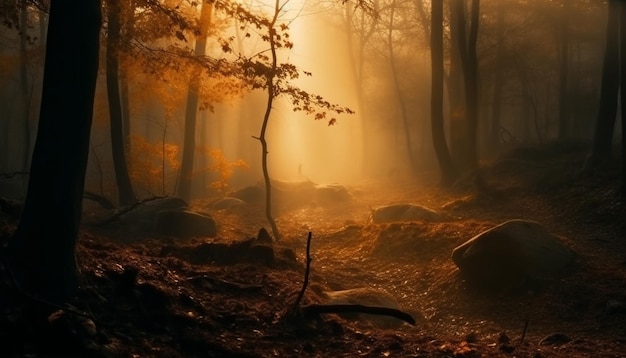 Une forêt avec un arbre au premier plan et le soleil qui brille à travers les arbres.