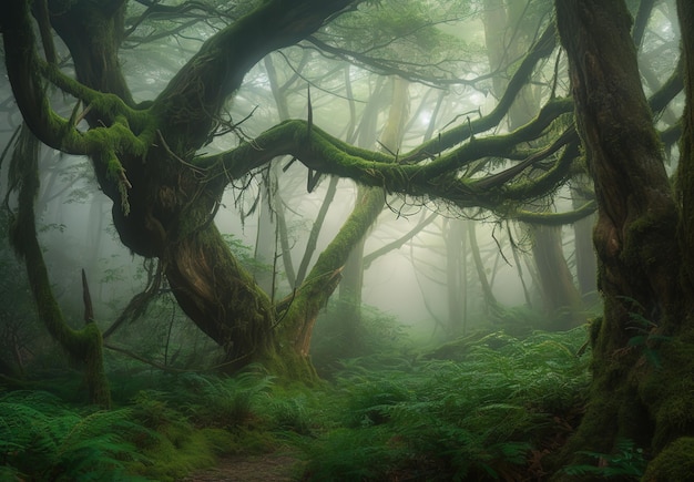 Une forêt avec un arbre vert au premier plan et une forêt verte avec un arrière-plan brumeux.