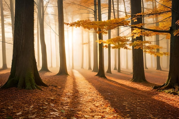 Une forêt avec des arbres à l'automne avec le soleil qui brille à travers les feuilles