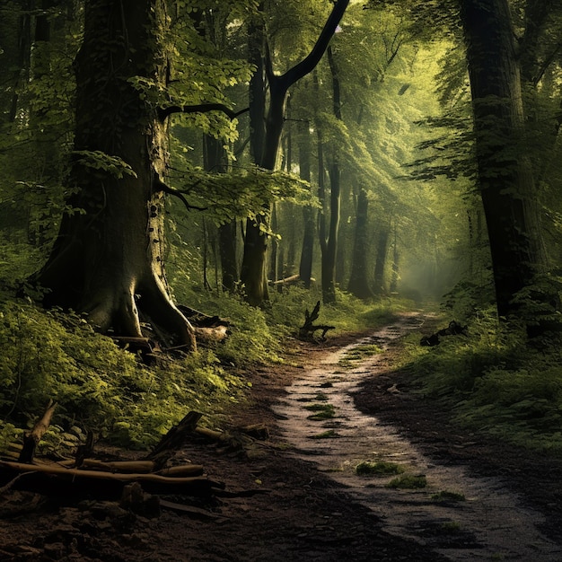 Une forêt avec des arbres et un chemin