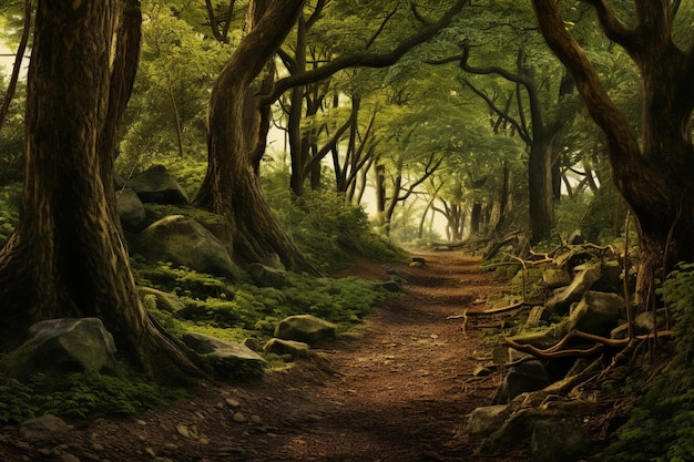 Une forêt avec des arbres et un chemin