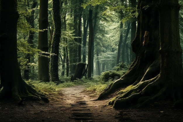 Une forêt avec des arbres et un chemin