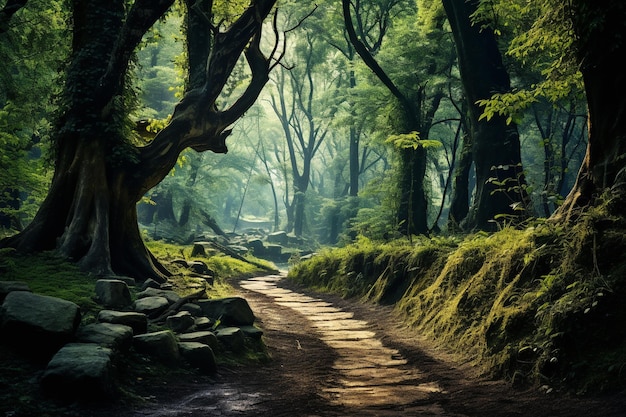 Une forêt avec des arbres et un chemin