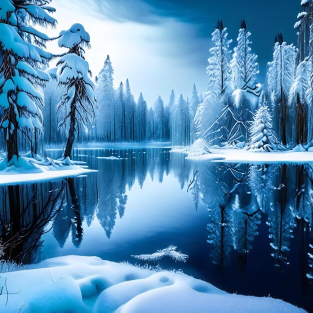 Photo une forêt avec des arbres couverts de neige et un lac avec de la neige sur le sol.
