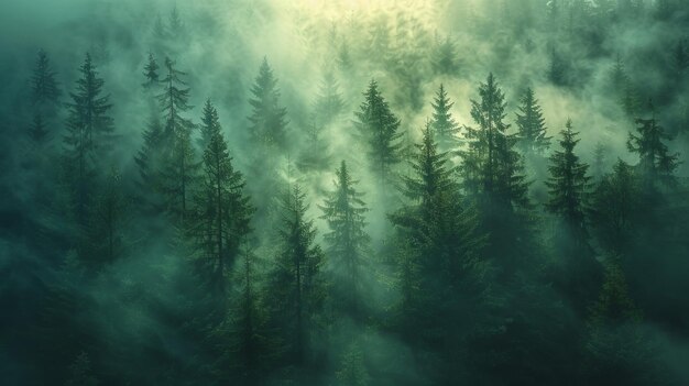 Photo une forêt avec des arbres et du brouillard