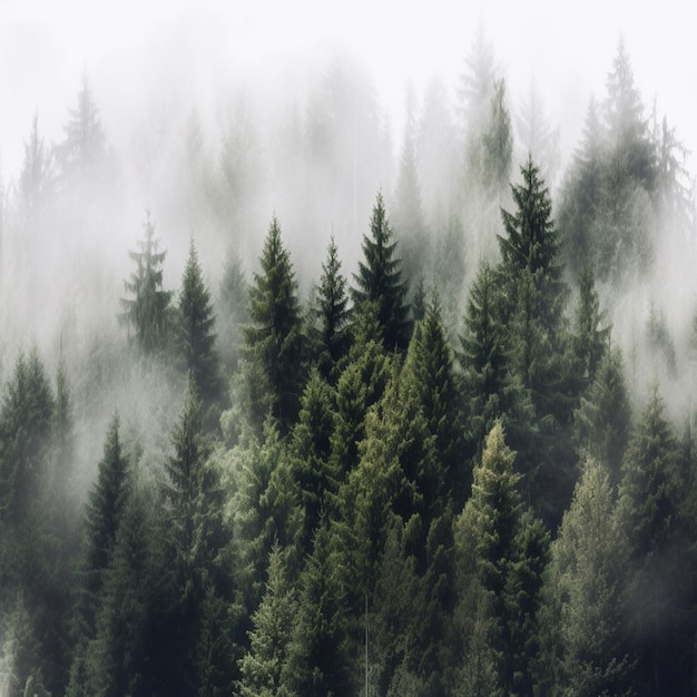 Une forêt d'arbres avec un fond brumeux et un panneau qui dit "forêt".