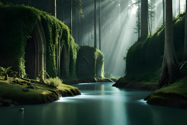 une forêt avec des arbres moussus et une rivière dans les bois.