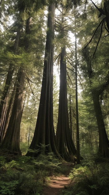 Une forêt avec des arbres et le soleil qui brille à travers les arbres