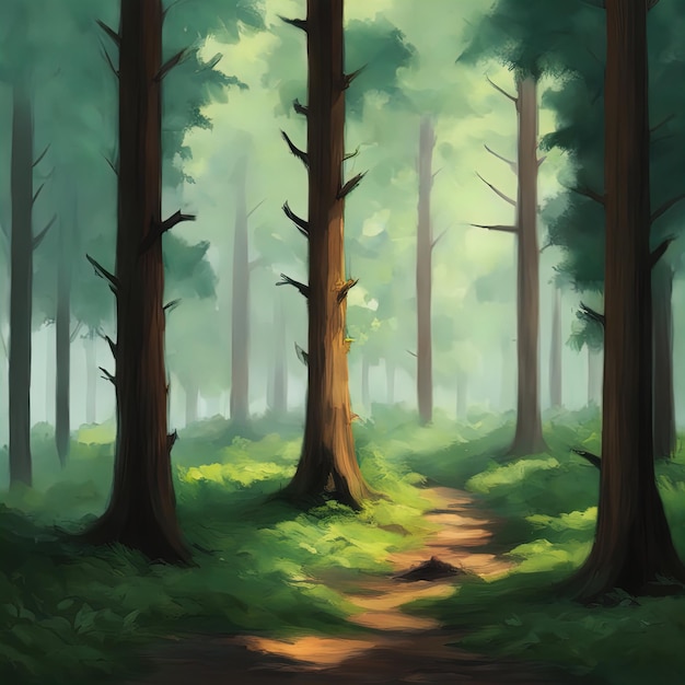 forêt avec des arbres verts en arrière-plan illustration numériqueforêt sombre le matin