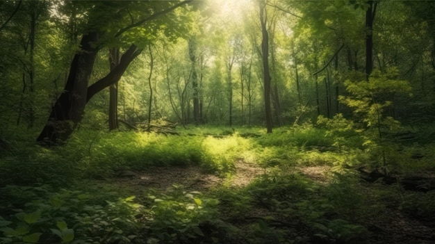 Une forêt avec des arbres verts et le soleil qui brille à travers les feuilles