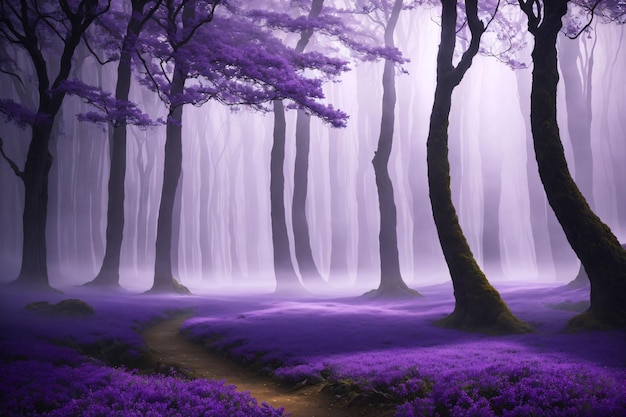 Forêt avec arbres violets et brouillard