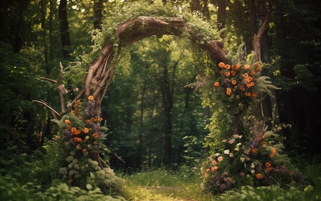 Une forêt avec une arche fleurie