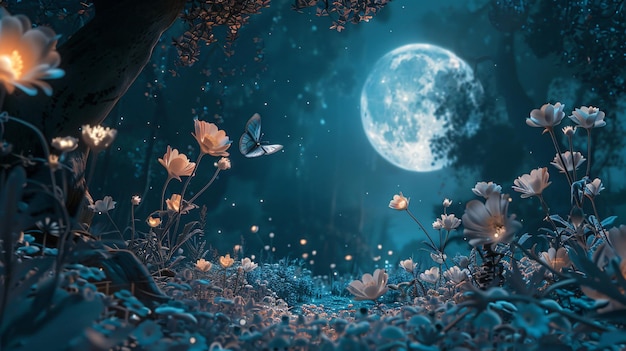 Forêt au clair de lune avec des fleurs mystiques brillantes