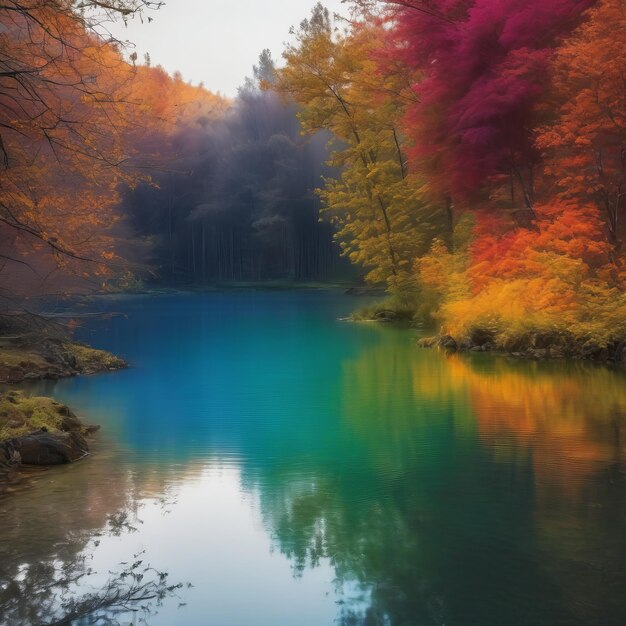 forêt d'automne avec des arbres et un lac forêt d'automne avec des arbres et un lac dans la forêt avec une réflexion