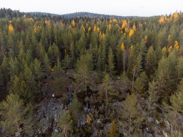 La forêt d'automne au sommet de la colline d'en haut La vue du parc Ruskeala depuis le drone