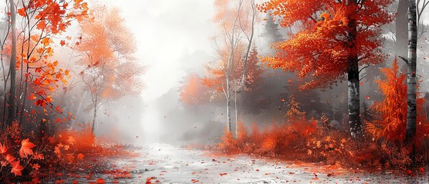 Forêt d'automne brumeuse avec des feuilles qui tombent