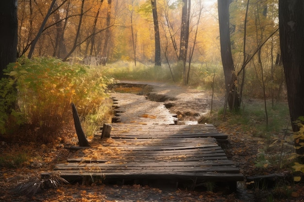 Forêt d'automne avec chemin de caillebotis et feuillage coloré