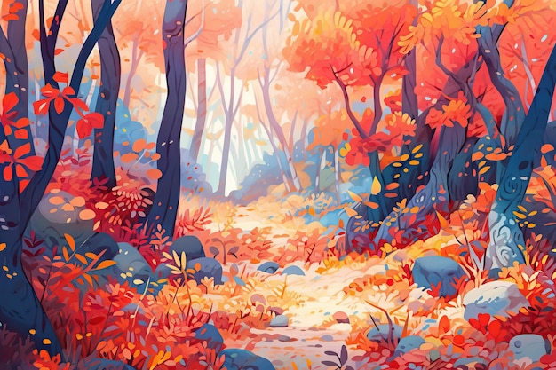 Forêt d'automne colorée avec un sentier étroit et sinueux Illustration générative d'IA dans le style d'un livre de contes