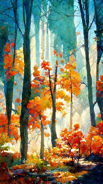 Forêt d'automne dans l'illustration 3D du matin ensoleillé