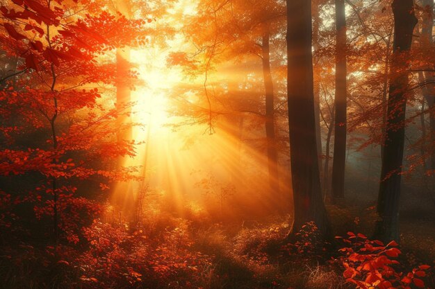 La forêt d'automne dévoile sa beauté pendant les moments sereins du matin vif.