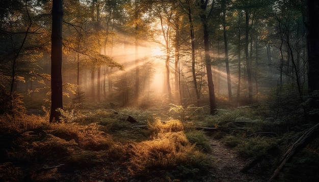 Forêt d'automne mystérieuse lever du soleil brumeux couleurs vibrantes générées par l'IA