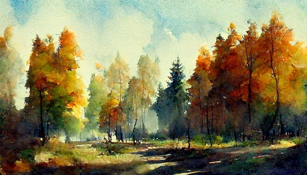 Forêt d'automne par une journée ensoleillée Illustration aquarelle de paysage d'automne doré