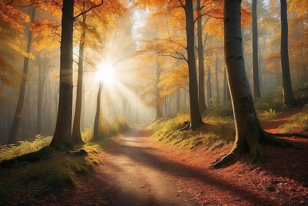 La forêt d'automne Le paysage forestier La nature automnale Le soleil dans la forêt Le soleil brille à travers les arbres Le sentier dans le parc naturel avec les arbres d'hiver