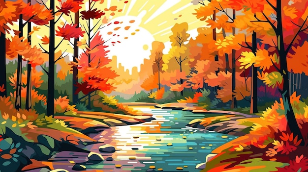 Une forêt d'automne pittoresque avec des feuilles colorées et un ruisseau paisible Concept fantastique Peinture d'illustration AI générative
