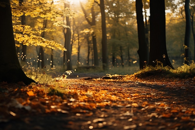 Forêt d'automne avec des rayons de soleil le matin Beau fond naturel