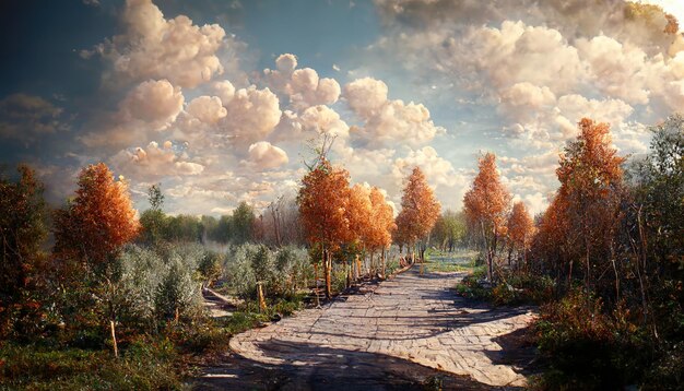 Forêt d'automne avec une route le long d'arbres nus et de buissons sous un ciel bleu avec des nuages blancs