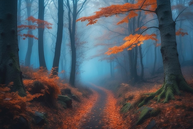 Forêt d'automne sombre mystique avec un sentier dans un paysage de brouillard bleu avec des arbres enchantés avec des feuilles d'orange sur les branches